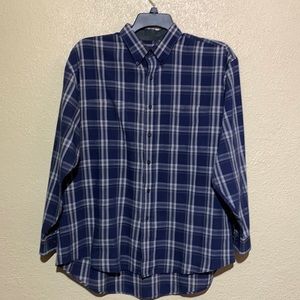 VanHeusen Men's Shirt Plaid  L Blue Cream Long Sleeve  Polyester Cotton